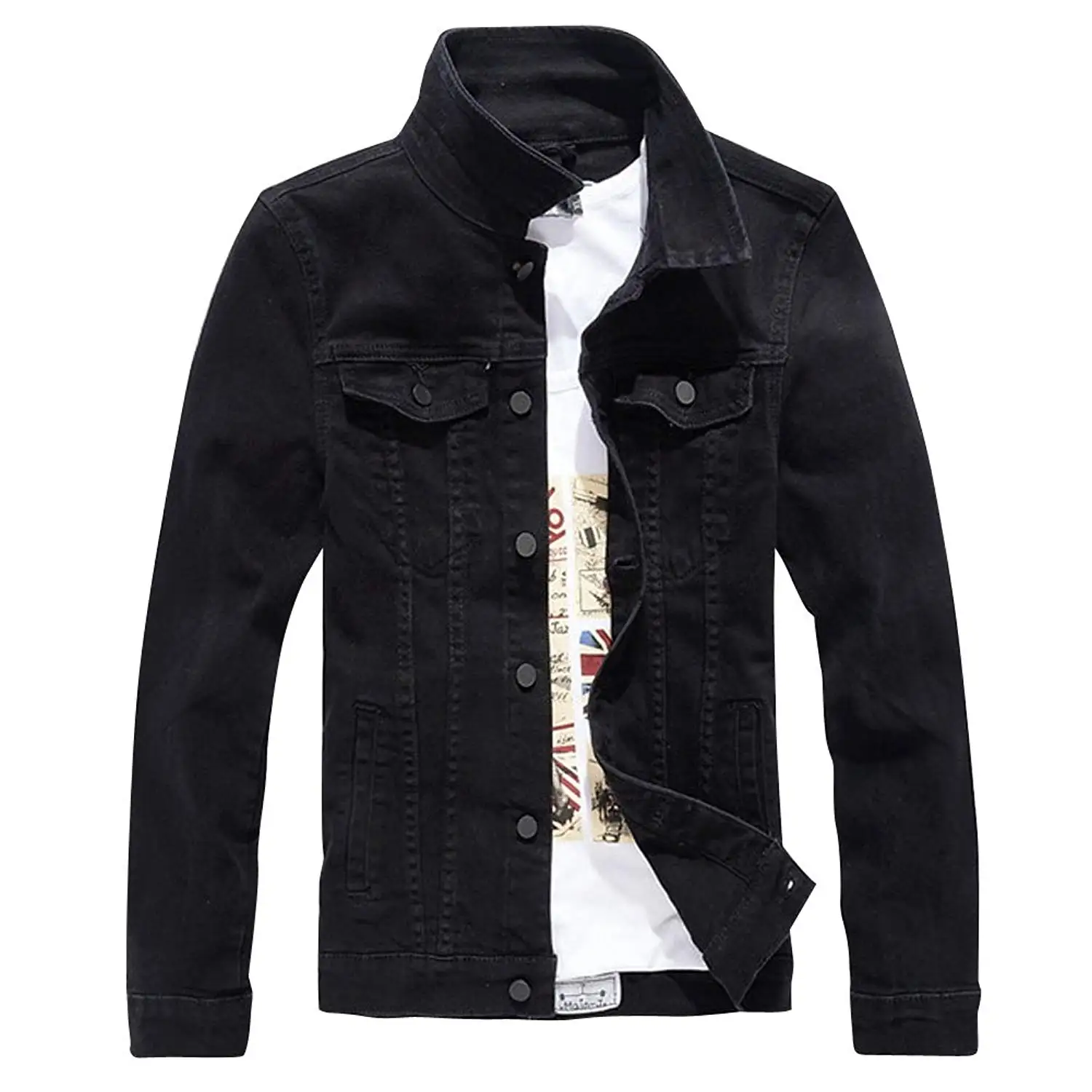 Yiqinyuan Mens Zippers Black Biker Jean Jacket Streetwear Thick Denim Slim Coat with Belt