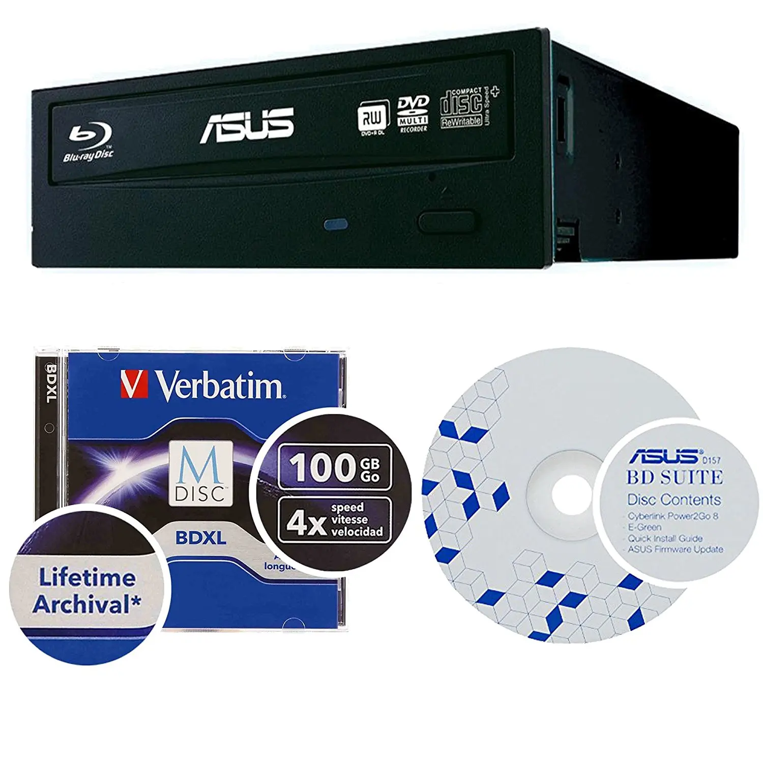 Asus 16x -BW-16D1HT Internal Blu-ray Burner Bundle with 100GB Verbatim M-Disc BDXL, BD Suite Disc and Cable Accessories