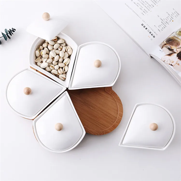 Tableware compartment cheap ceramic candy cookie lazy susan plate with lid 