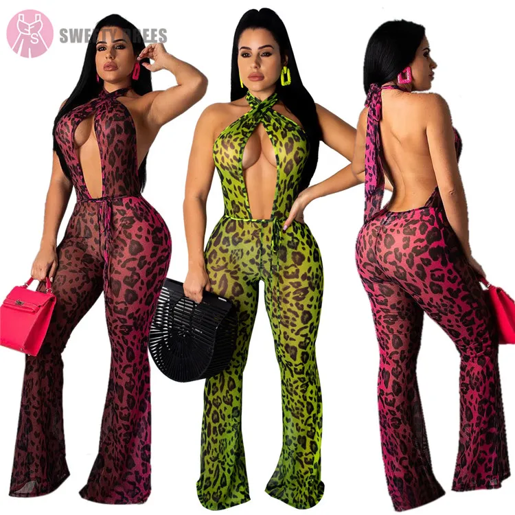 

9S00596 wholesale summer clubwear lady leopard print halter chiffon mesh sexy transparent jumpsuit