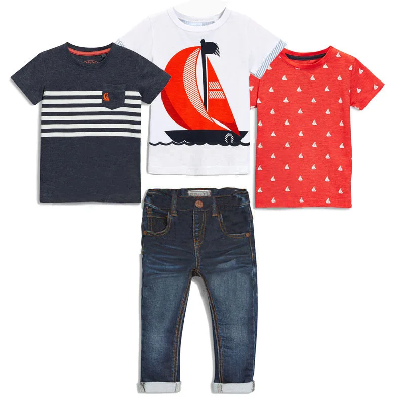 

New summer boys clothes 4 pcs short sleeve t-shirt + denim pants in summer clothing sets, As pictures