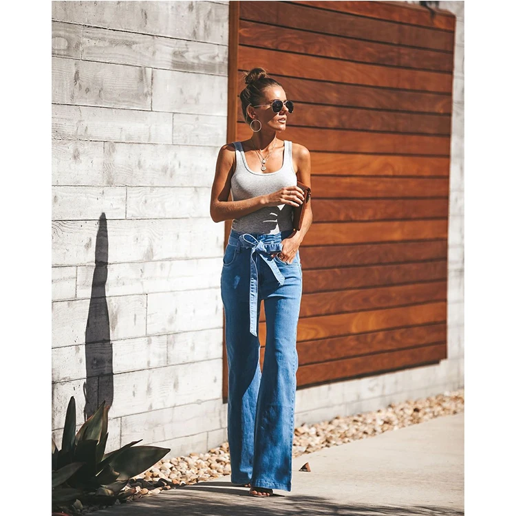 Flare Jeans Women High Waist Blue Jeans Wash Vintage Wide Leg Belted Stretchy Denim Jeans Women