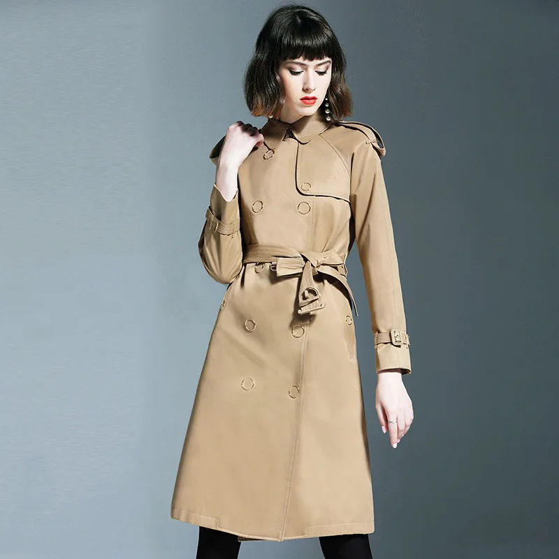 

YQ80 Korean Style Women Slimming Long Double Breasted Lapel Overcoat Trench Coat