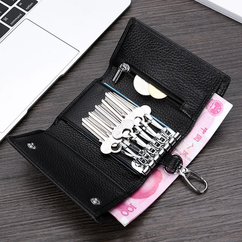 

Custom logo service unisex trifold genuine leather key wallet holder with coin pocket