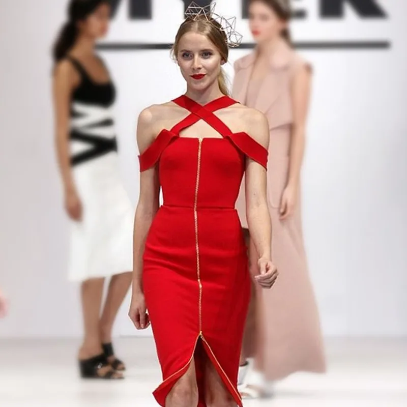 

2018 Promotion Red Halter Sleeveless Over Knee Front Slit Elegant Bandage Dress