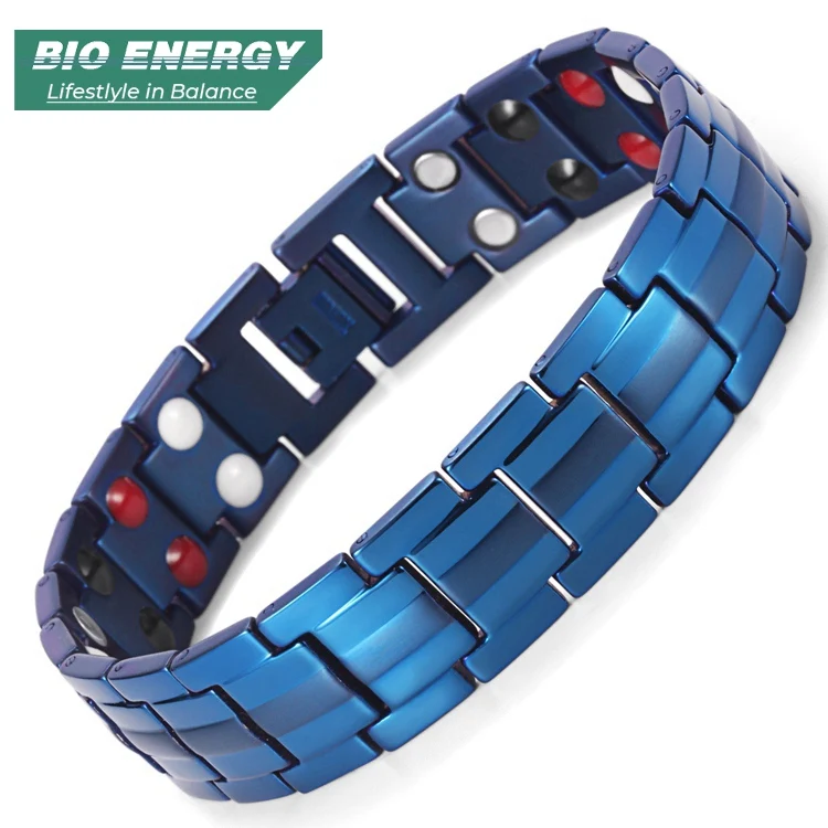 

Blue Titanium Double Line 4 Elements Magnetic Health Bracelet Power Wristband for Men, Silver & gold;black;rose gold