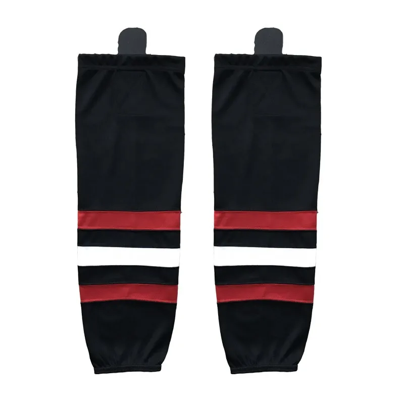 Cheap Custom Xw019 Black Ice Hockey Socks With White And Red Horizontal