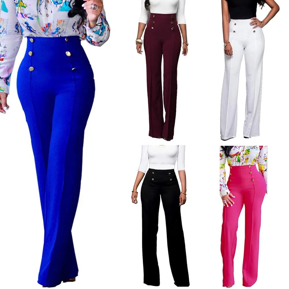 Women's Fashion Occident Loose Personality Double-Breasted Trumpet Trousers Five Colors Ladies Mid Waist Casual Pants