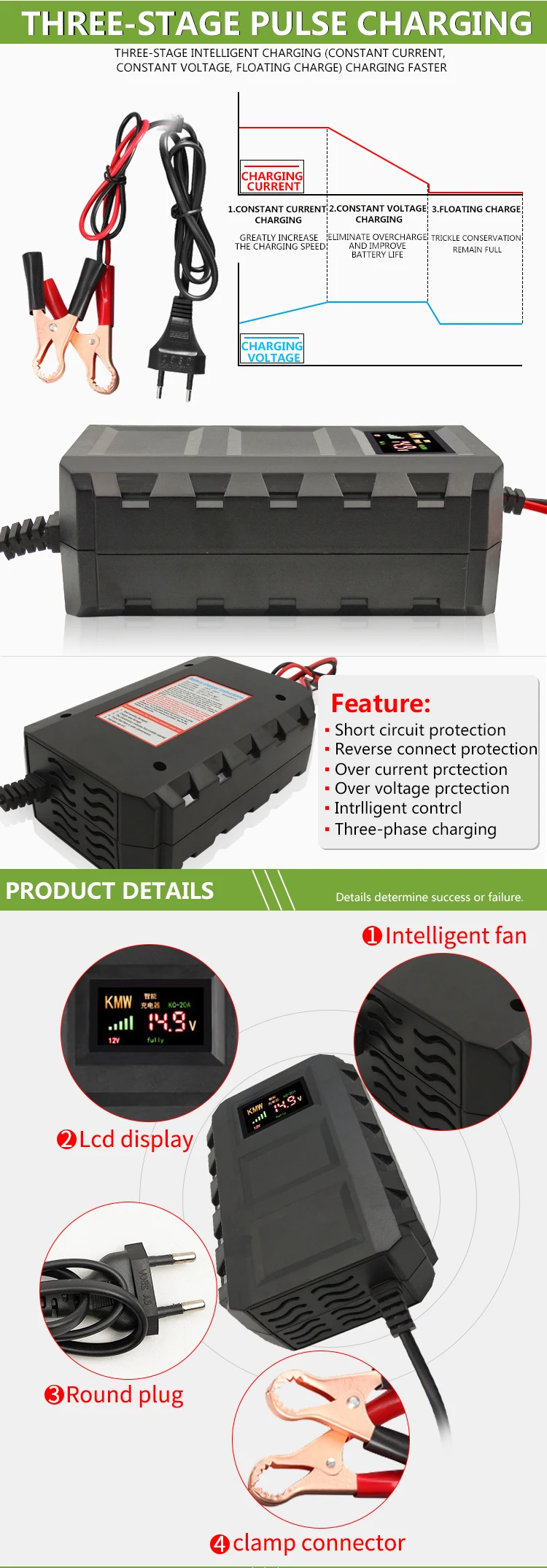 12v Auto Portable Universal 20a Automatic Lead Acid Battery Charger