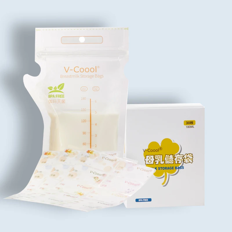 

V-Coool wholesale 30 counts 6 Oz PET PE food grade 180 ml breast milk storage bag bpa free for baby feeding, Tranparent