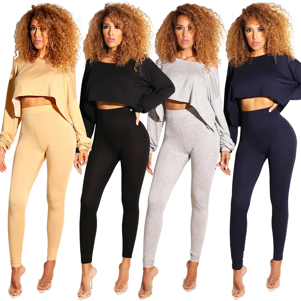 One shoulder long sleeve cozy flounce crop top and high waisted slimming long pants two piece set