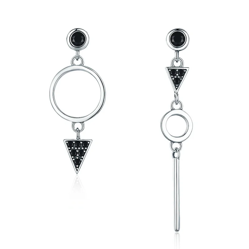 

New Trendy 925 Sterling Silver Black CZ Triangle Round Geometric Asymmetry Drop Earrings