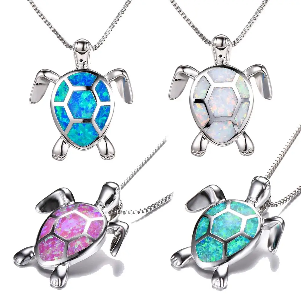 

Australia Multicolor Fire Opal Sea Turtle Pendant Necklace 925 Sterling Silver/Brass Birthstone Jewelry for Women, White/blue/green/purple