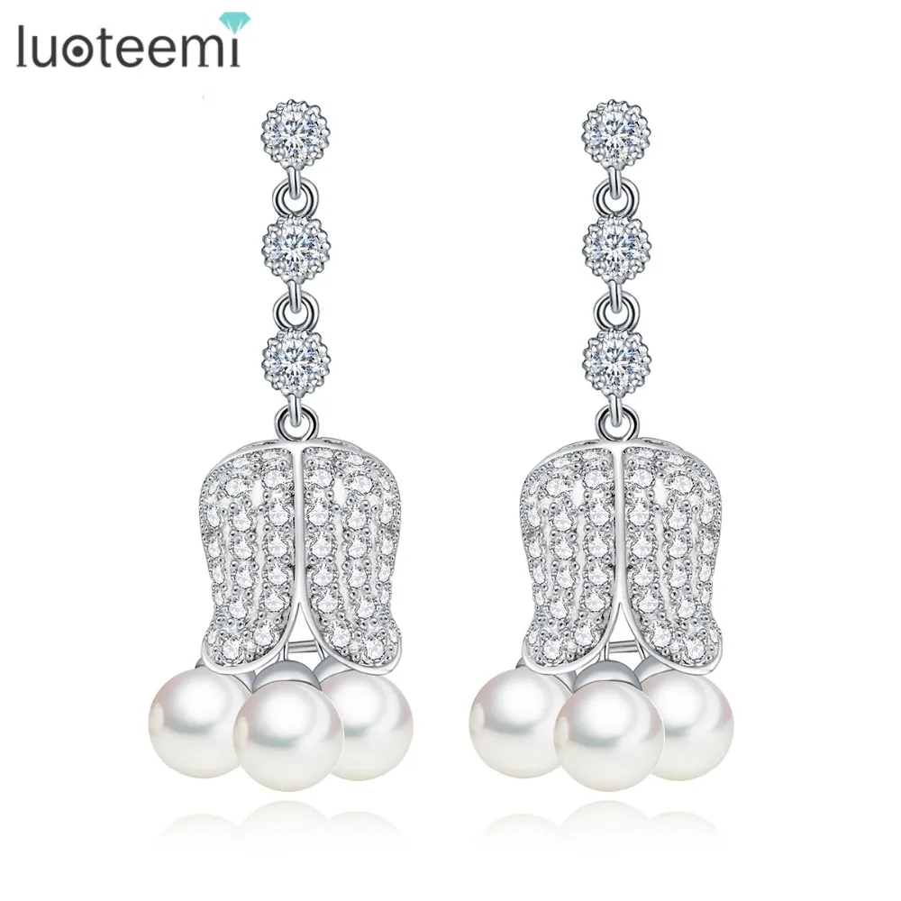 

LUOTEEMI Fashion Pearls Drop With Cubic Zirconia Paved Quality Luxury Party Wedding Flower Drop Earrings for Women Brincos, N/a