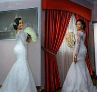 

African Elegant Mermaid Wedding Dress Pure White Lace Appliques Long Sleeves Plus Size Wedding Dresses Bridal Gowns WD6117