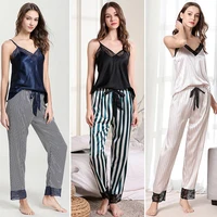 

In Stock Casual Split Two Piece Shirts And Trousers Smooth Satin Sleepwear Pajama Set Women