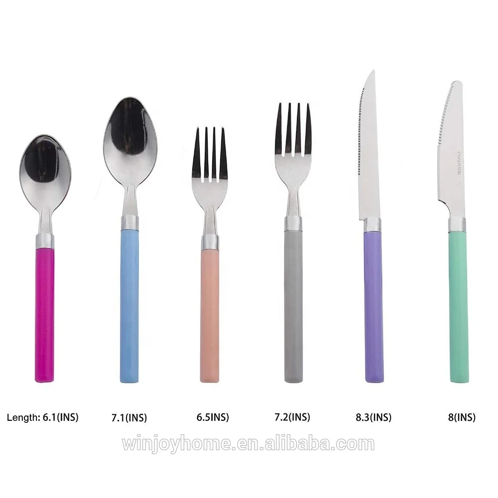 24 Piece Cheap Blue Plastic Handle 2 Rivet Silverware Fork Spoon Knife Cutlery Set With Caddy