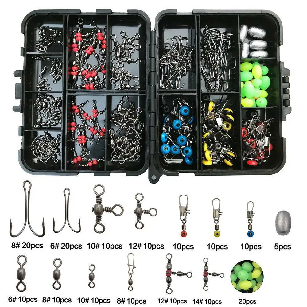 175Pcs/box Fishing Accessories Kit Including Swivels Snaps Hooks Beads Sinkers