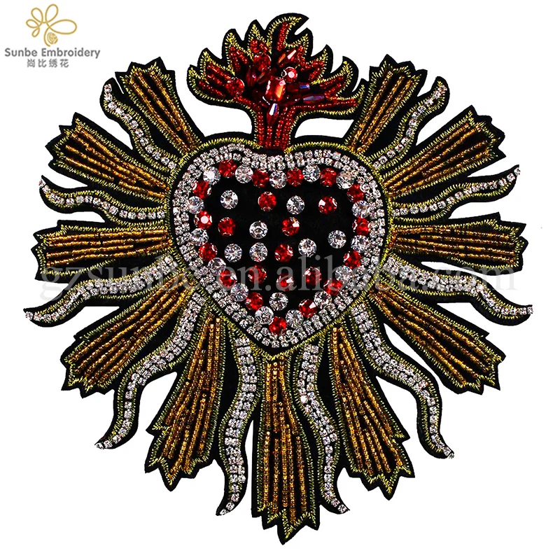 

Handmade Beaded Crystal Heart Rhinestones Patches Sew on Badge Applique Clothes Decorated Sewing Accessories can be customize, Red;white and gold