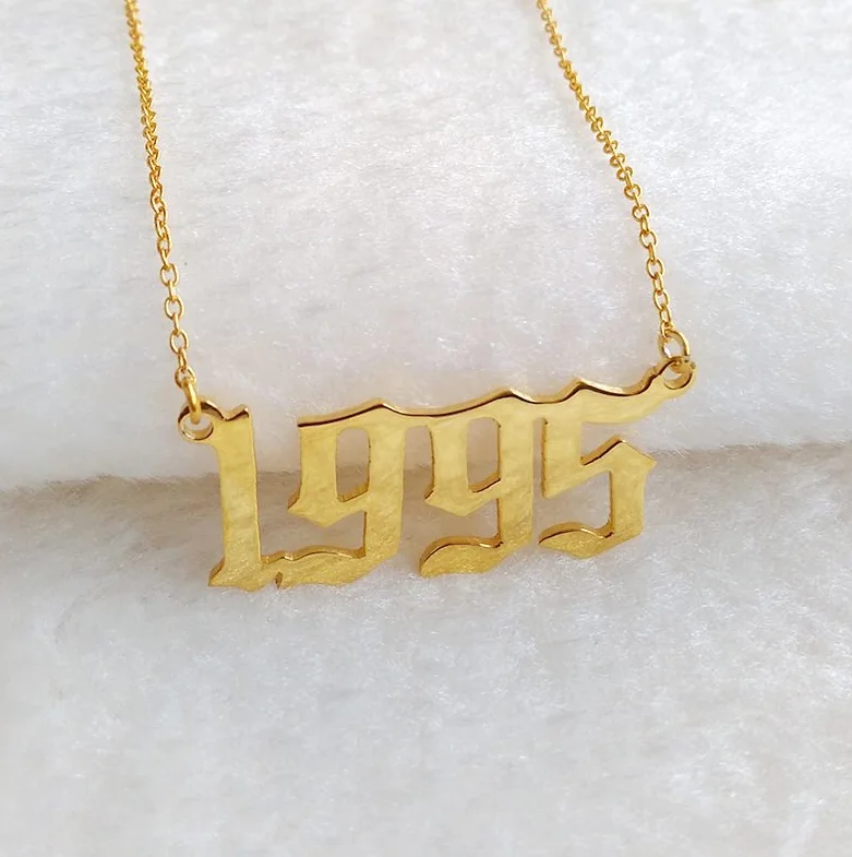 

2019 Special Year Personalized Date Necklace,Yellow Gold Old English Number Necklace