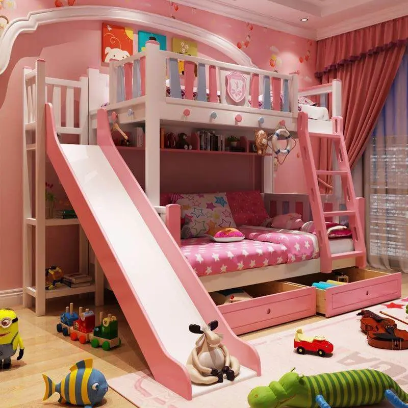Kids Cartoon Bunk Beds Loft Bed With Drawers Book Shelf Slide - Buy