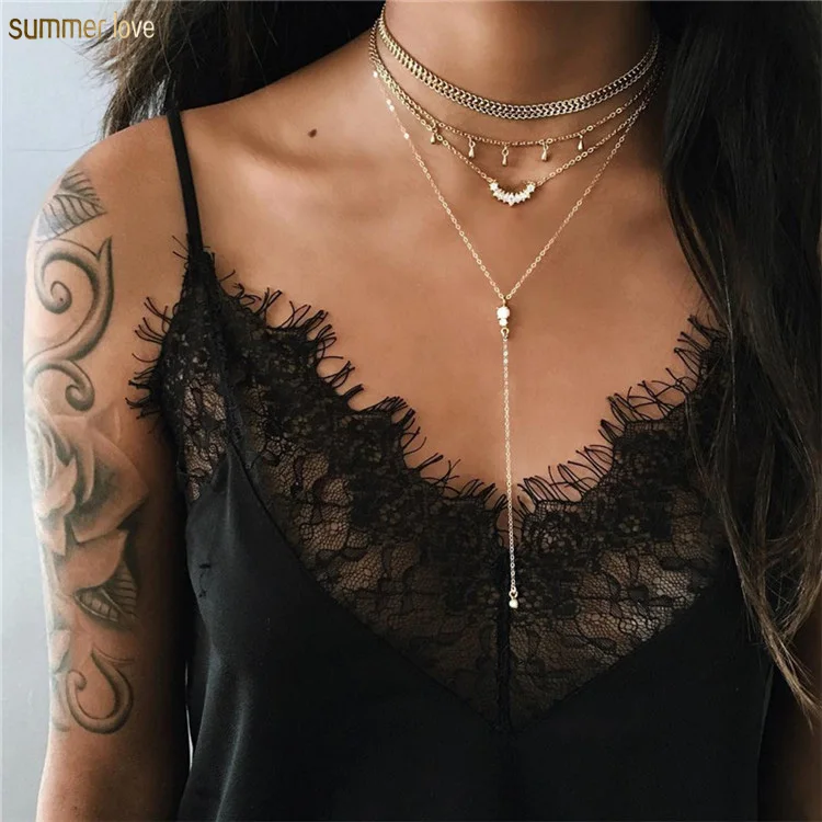 

New Fashion Europe Personality Gold Plated Multi-layer Rhinestone Long Chain Choker Pendant Necklace Jewelry Set for Women Girls