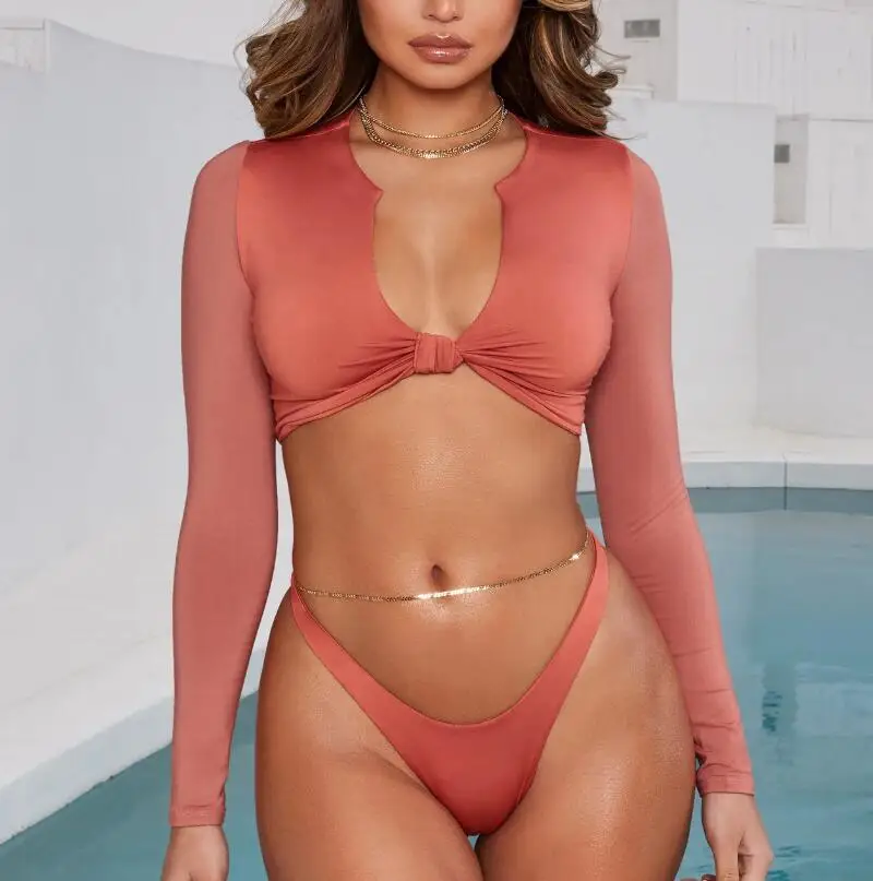 

2019 Accept OEM Long Sleeve Thong Mesh Solid Color Knotted Chest Swimwear Sexy Bikini Women, As picture