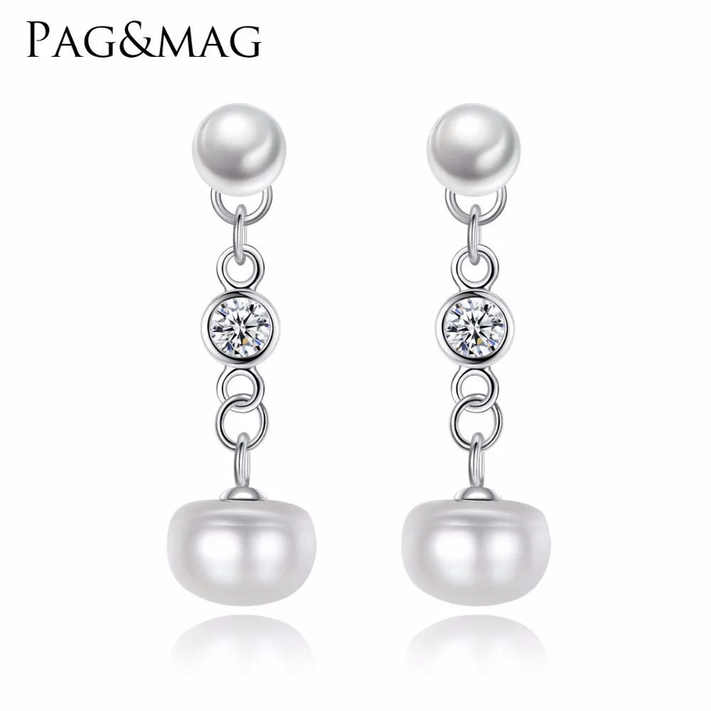 

PAG&MAG Fashion Flat Two Pearl Drop Earrings With 925 Silver Link Paved CZ Crystal Baroque Pearl Earring
