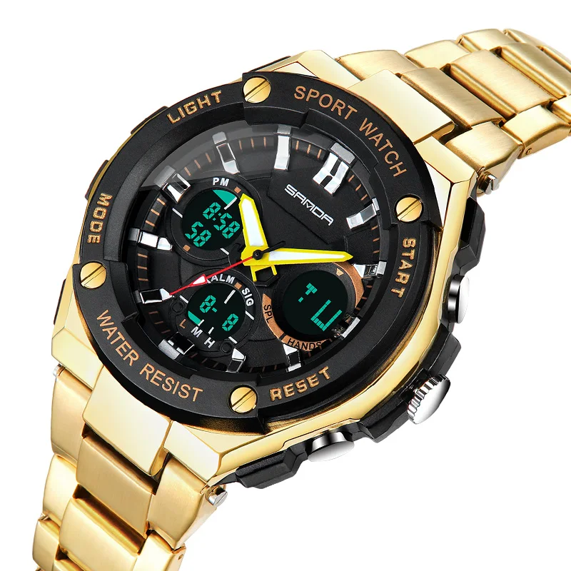 

2019 Sanda Double Display Quartz Watches Men Luxury Brand Stainless Steel Gold Sports Men's Watches Waterproof Man Watch 783