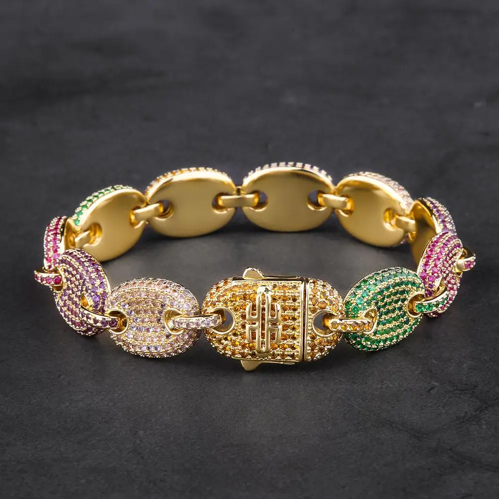 

21% Off KRKC 12MM 14K Gold Multicolored CZ G-Link Link Bracelet Hip Hop Jewelry
