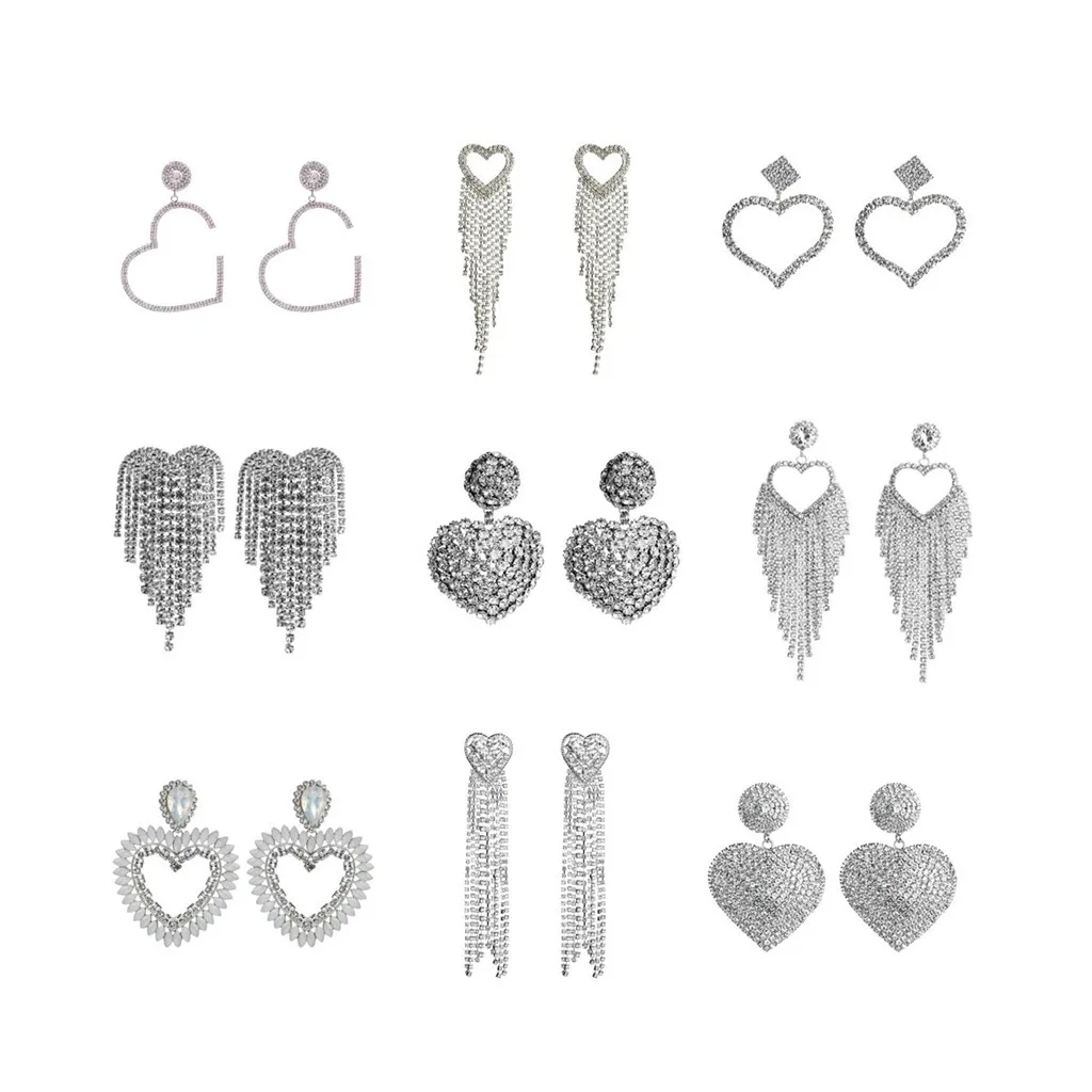 

exaggerated full diamond crystal heart tassel earrings big heart shape stud drop dangle earrings wedding bridal za earrings, Picture
