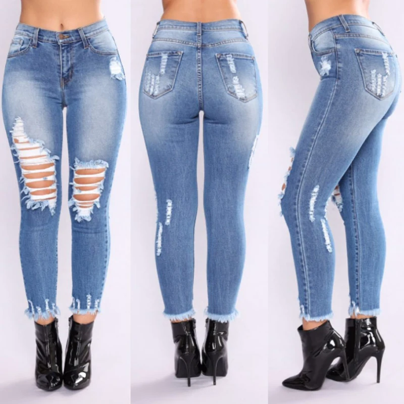 

2019 new women's wear, European and American boutique elastic cotton high-waisted jeans, pencil jeans., Black