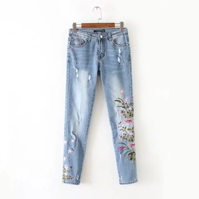 

Embroidered jeans with rough edges and small legs denim women pants