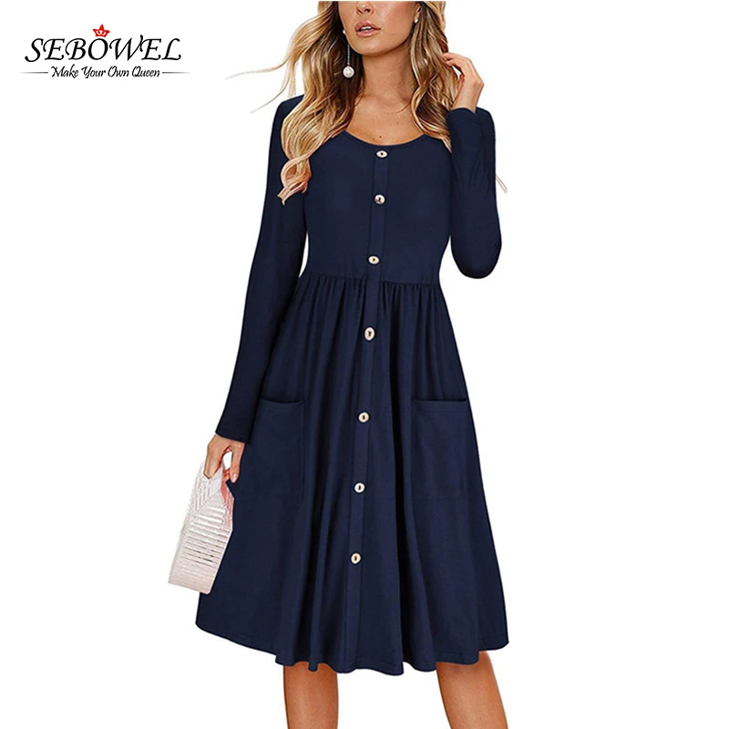 

Navy Blue Women Button Down Long Sleeve Midi Dress With Pocket, As shown