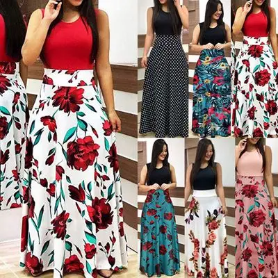 

Ecoparty 2019 Vintage Floral Print Patchwork Long Dress Women Casual Sleeveless Party Dress Elegant O Neck Ladies Maxi Dress, As show