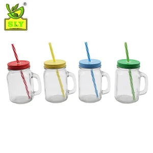 Image of Wholesale 16oz glass mason jars with straw lid and handle