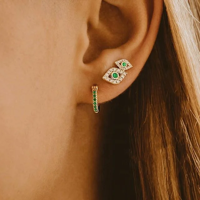

green white cubic zirconia double 2 evil eye turkish stud earring, Picture