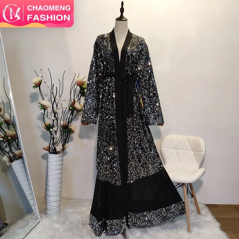 

1756# Long Robe Gowns Tunic Kimono Middle East Ramadan Islamic Prayer Clothing Muslim Sequins Abaya Cardigan Party Maxi Dress, Black