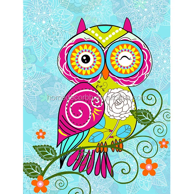Cartoon owl painting with led lights canvas wall art digital print pictures for kids bedroom giclee printed with glitter art