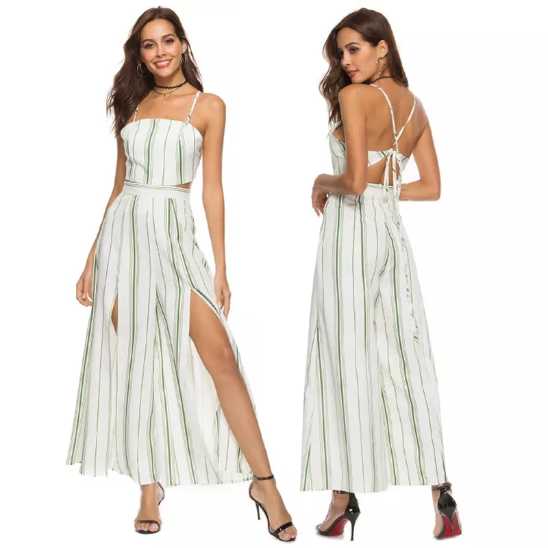 

Cross back custom striped women jumpsuit, Shown