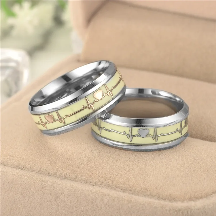 Luminous Stainless Steel Couple Heartbeat Ring Glowing In The Dark