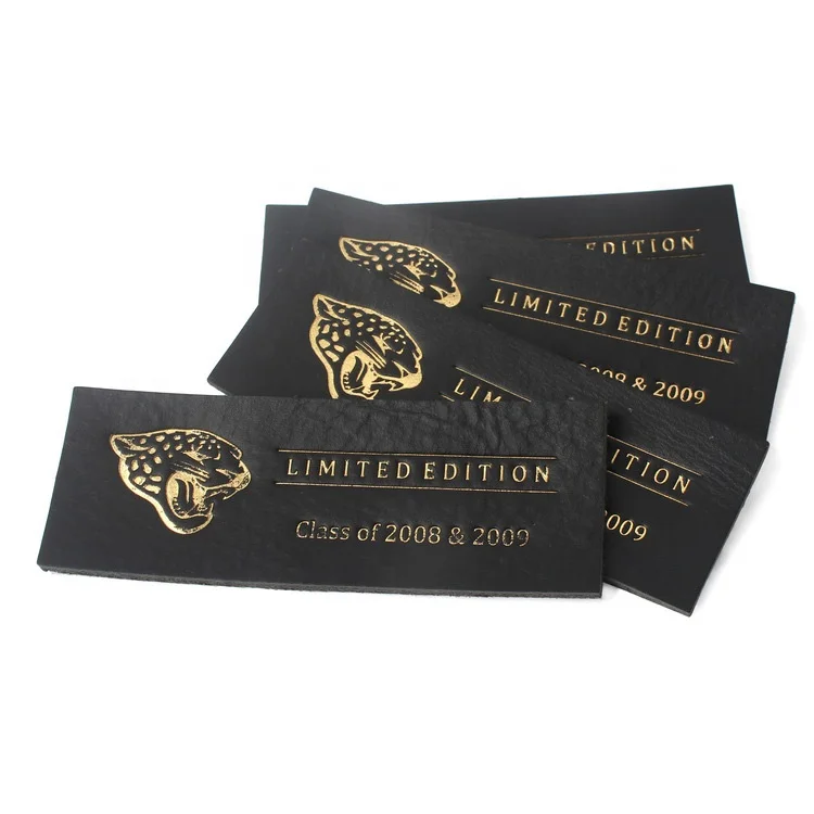 

Custom Heat Press Gold Foil Stamping Logo Real Leather Patches Labels for Denims Jackets Clothing, Black;accept customized