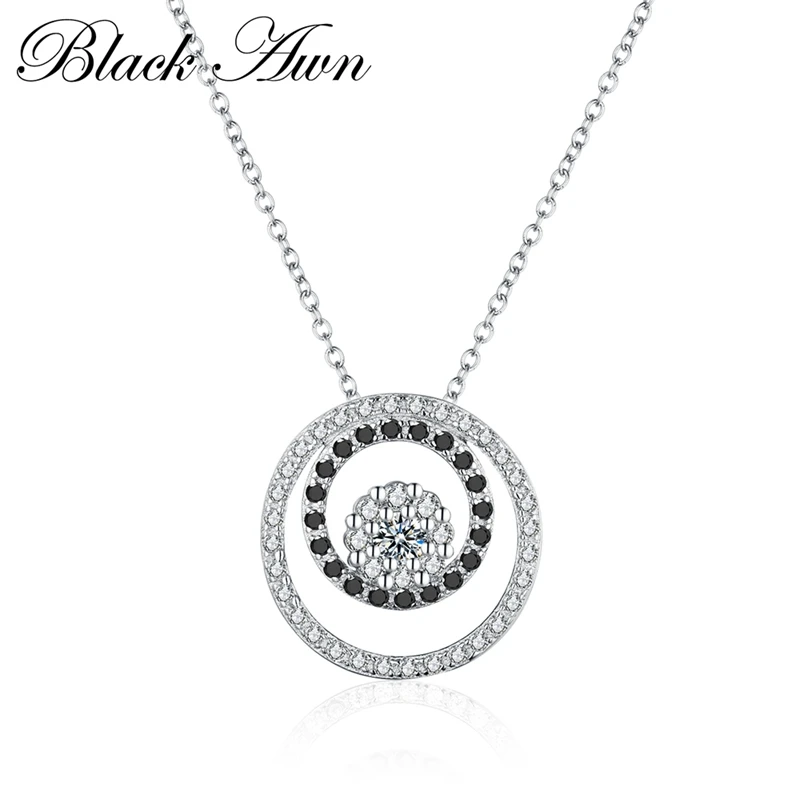 

[BLACK AWN] Fine Genuine 925 Sterling Silver Jewelry 0.8Ct Classic Black&White Stone Necklace Women Bijoux Femme P006