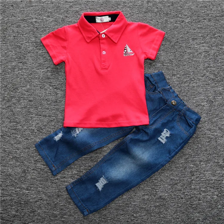 Boys Clothing Set 2017 Summer Fashion Kids Red Polo T-Shirt + Jeans Set Casual Cotton Suit for Boys Clothes