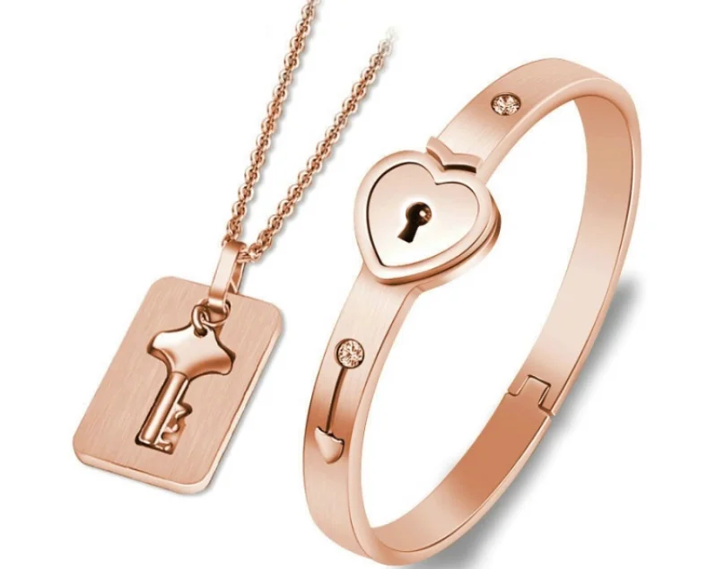 

Fashion Stainless Steel Meaning Jewelry Couple Bangle Bracelet Love Lock And Key Necklace, Gold