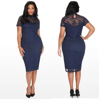 

Fashionable women's plus size clothing 6XL Office dress women formal dark blue translucent sleeve elegant mini dress