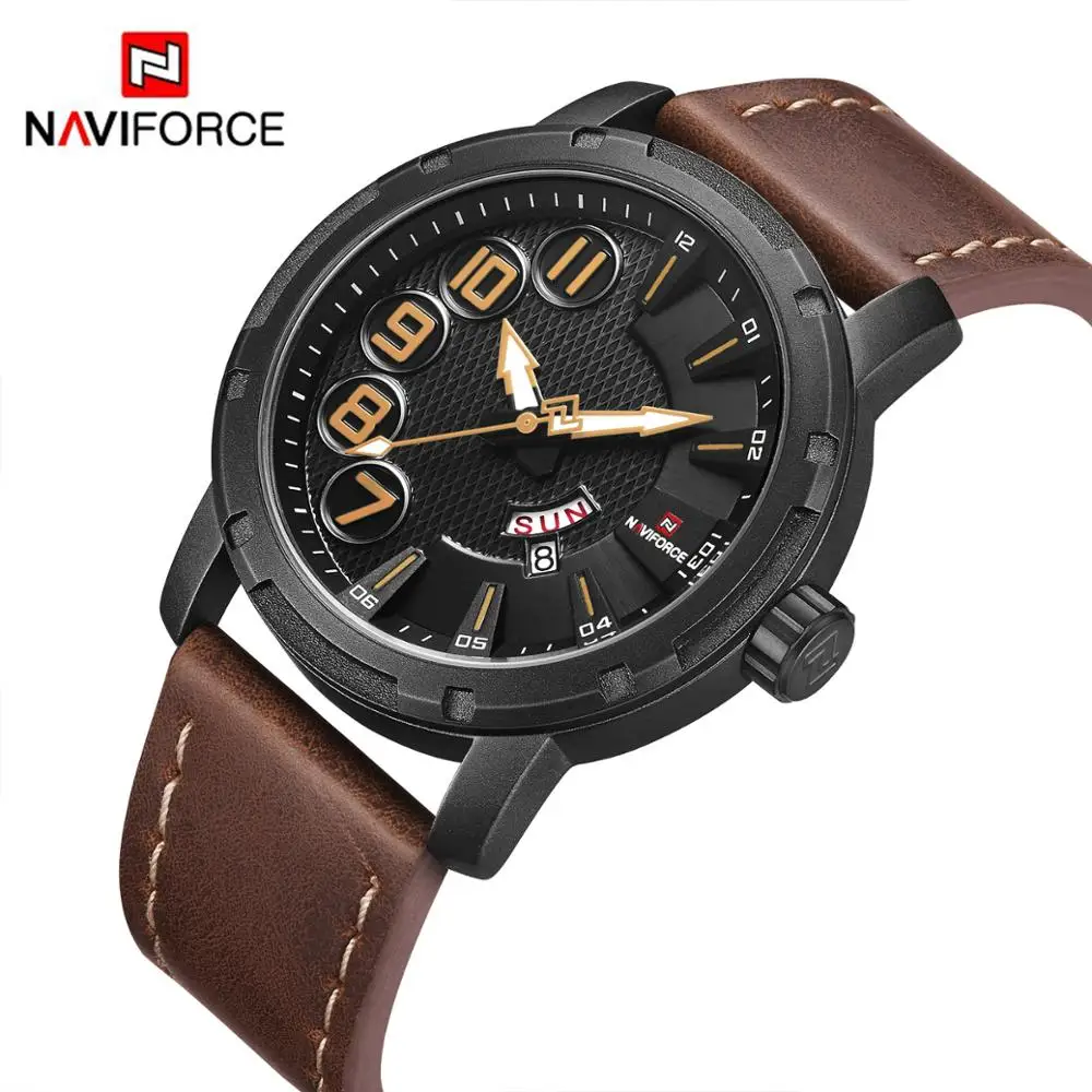 

Famous Brand Naviforce 9154 Mens Business Date Week Clock Leather Waterproof Quartz Wrist Watches Japan Movement Relojes Hombre