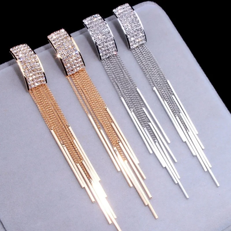 New Gold Colors Long Crystal Tassel Dangle Earrings for Women Wedding Drop Earrings Brinco Fashion Jewelry Gifts