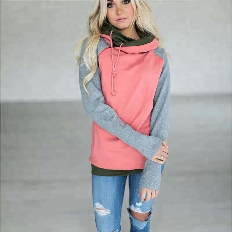 

D26 Double hooded raglan sweaters 2018 New Autumn Winter Women Tops Hoodies Sweatshirts Casual Long Sleeve Pockets Patchwork Fem, N/a