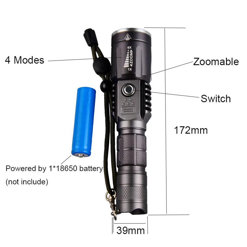 Wholesale Portable Zoom Waterproof XM-LT6 Police Security Flashlight with USB Charger